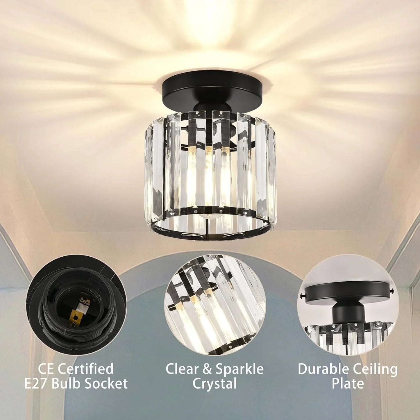 Moderna Lámpara De Techo De Cristal Con Detalles En Dorado Y Negro : Iluminación Con Estilo Para Su Hogar Luz De Techo De Cristal Con Detalles En Dorado Y Negro