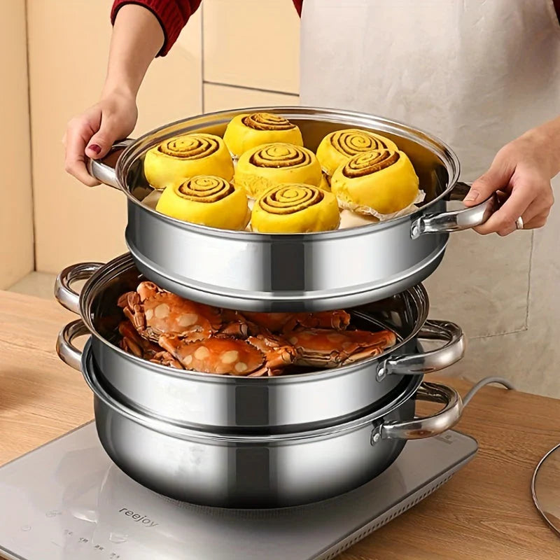 Cocedor Al Vapor De Acero Inoxidable De 3 Capas Con Tapa De Cristal Y Asas