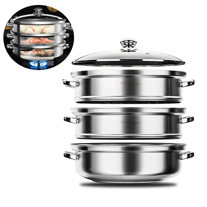 Cocedor Al Vapor De Acero Inoxidable De 3 Capas Con Tapa De Cristal Y Asas