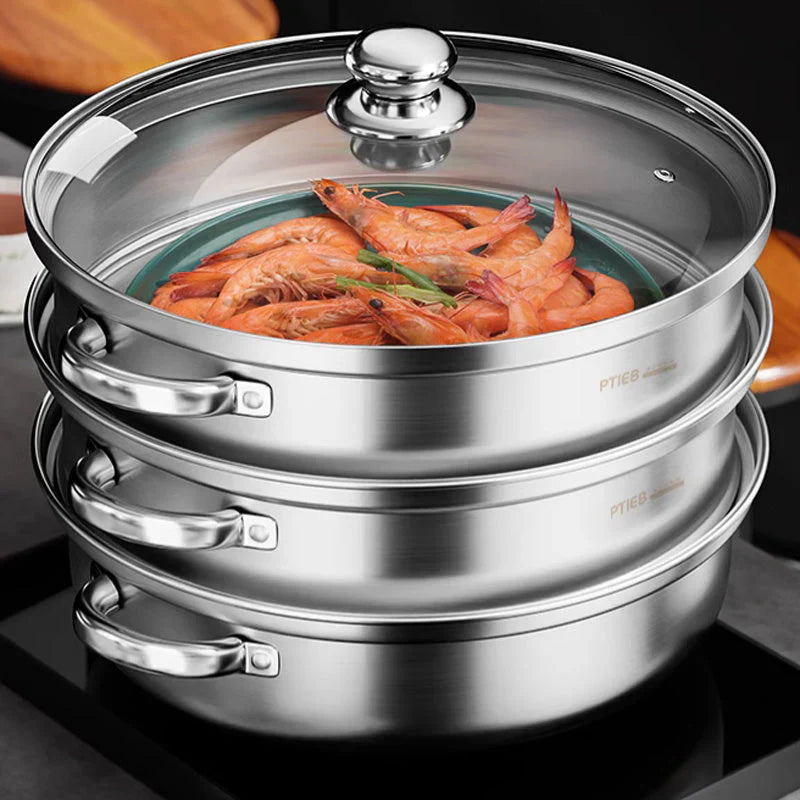 Cocedor Al Vapor De Acero Inoxidable De 3 Capas Con Tapa De Cristal Y Asas