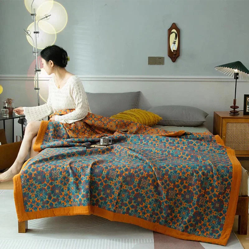 Manta de Algodón de Seis Capas con Estampado Azul Naranja