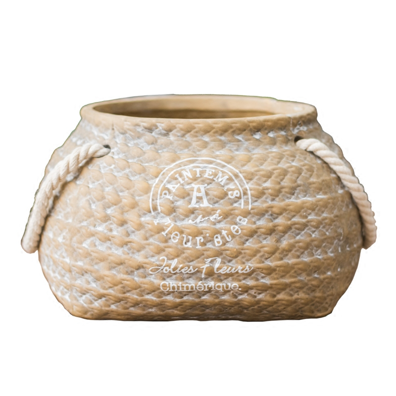Maceta De Cerámica Para Plantas En Diseño De Bolsa De Cáñamo Con Asas De Cuerda - Maceta Decorativa Para Jardín Y Hogar