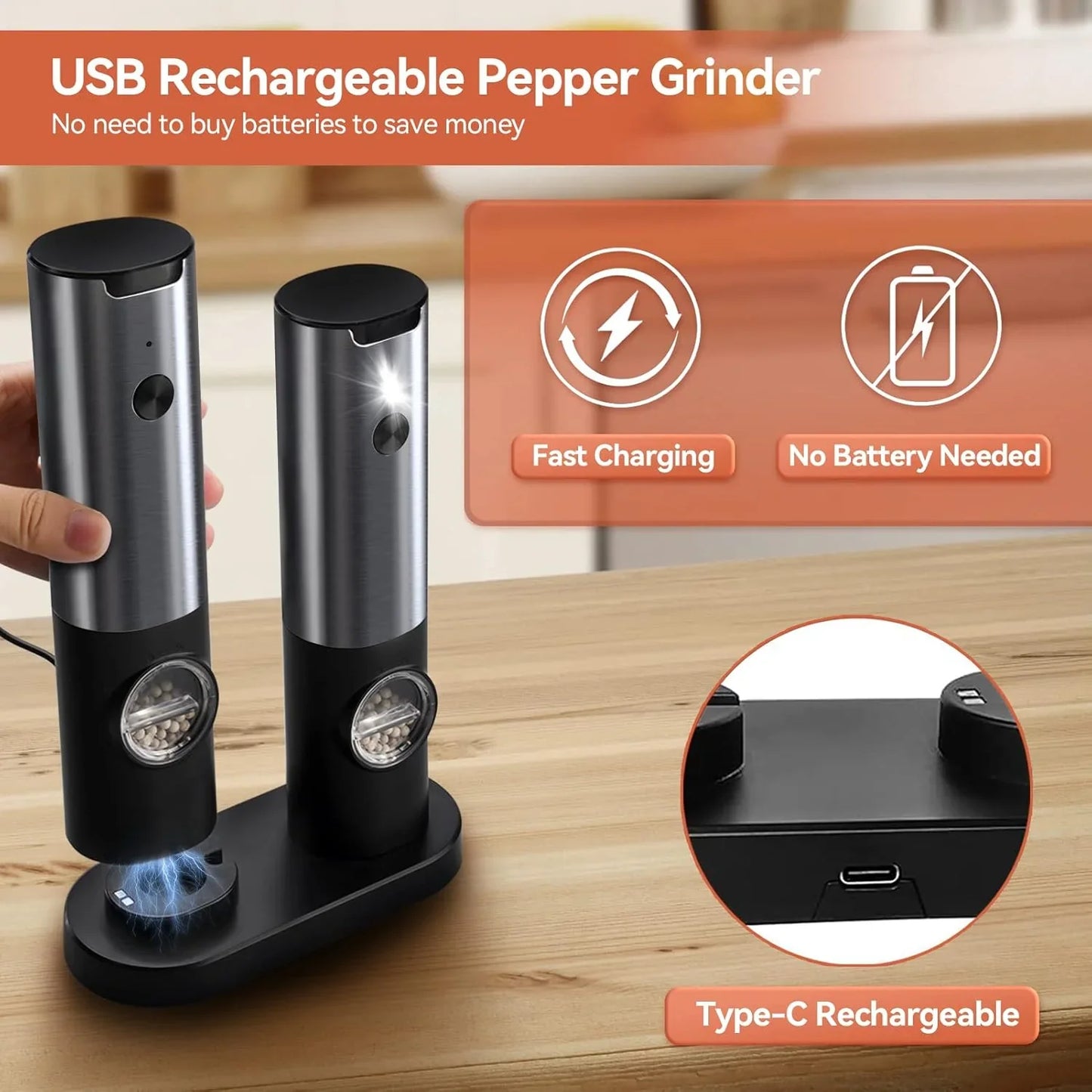 Elegante Molinillo Eléctrico de Sal y Pimienta con Batería Recargable