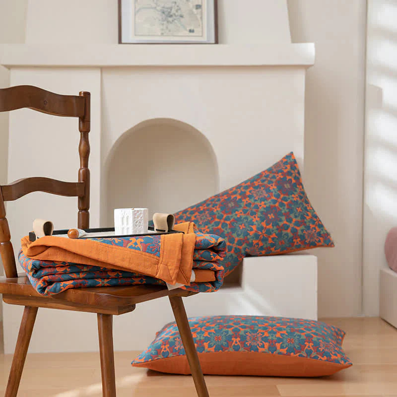 Manta de Algodón de Seis Capas con Estampado Azul Naranja