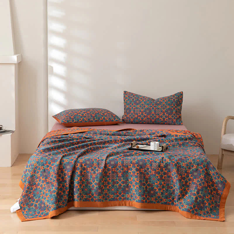 Manta de Algodón de Seis Capas con Estampado Azul Naranja