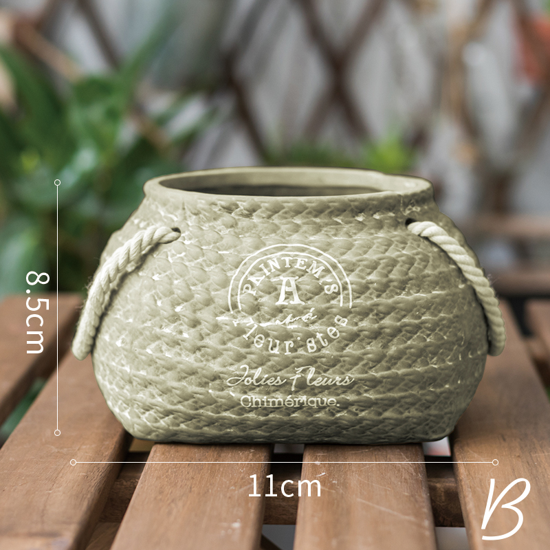 Maceta De Cerámica Para Plantas En Diseño De Bolsa De Cáñamo Con Asas De Cuerda - Maceta Decorativa Para Jardín Y Hogar