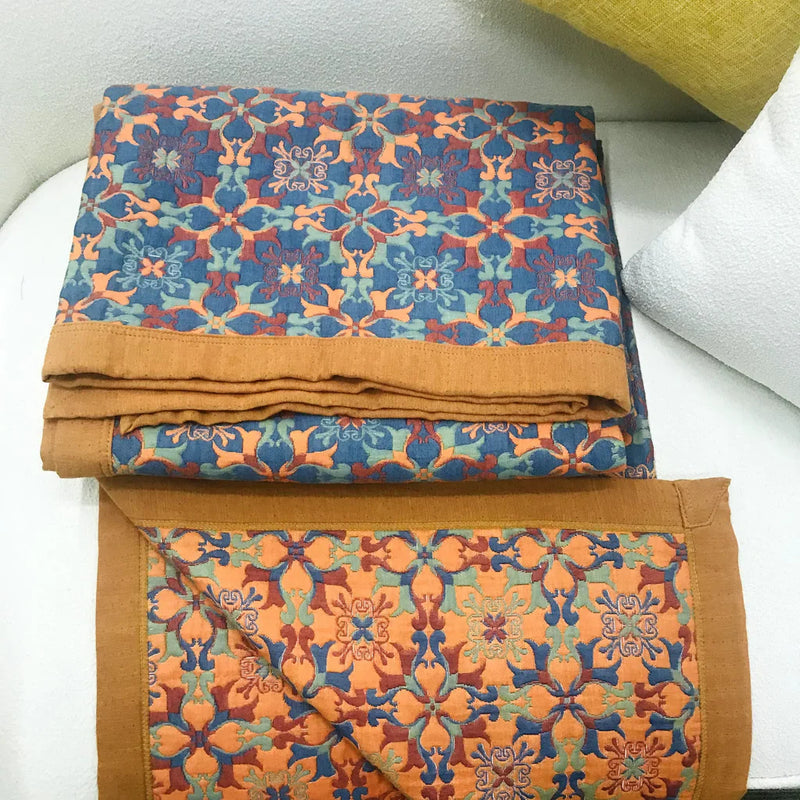 Manta de Algodón de Seis Capas con Estampado Azul Naranja