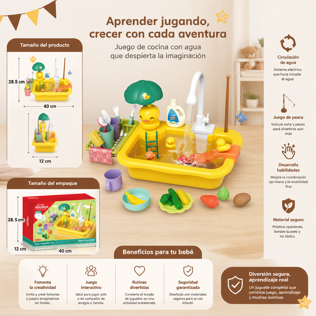 Cocina de juguete para niños con función de agua – Set de fregadero con circulación de agua eléctrica y juego de pesca