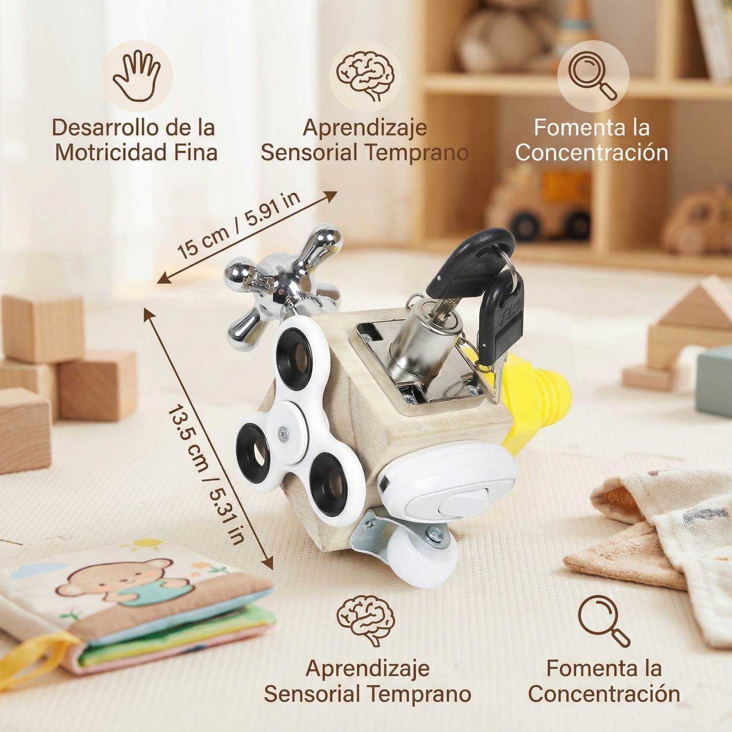 Cubo de actividades de madera para niños pequeños ⎜ Juguete educativo para la motricidad fina y el aprendizaje sensorial temprano