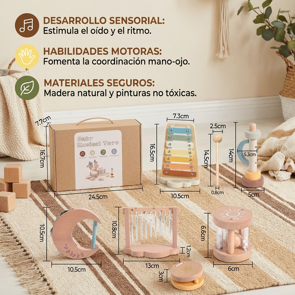 Set musical de madera para bebé – juguete musical y sonoro sensorial de 6 piezas