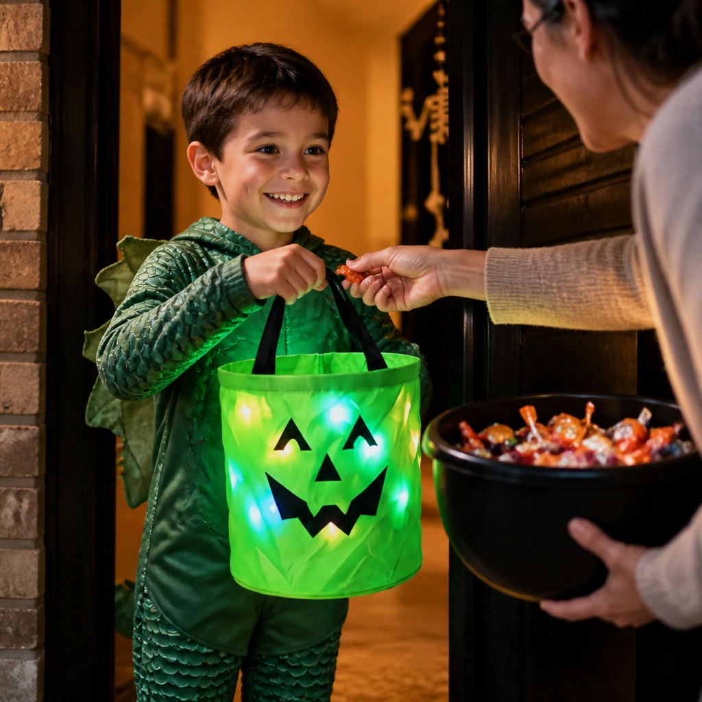 Cubo De Dulces LED De Halloween Para Truco O Trato – Bolsa Reutilizable Con Luz LED