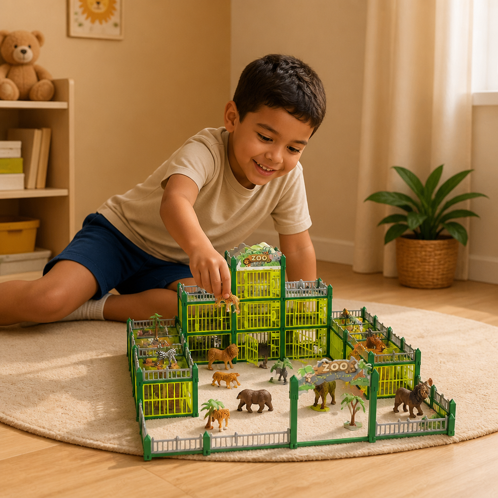 Set de Juego Modular para Construir Tu Propio Zoo con Figuras de Animales y Jaulas Interactivas
