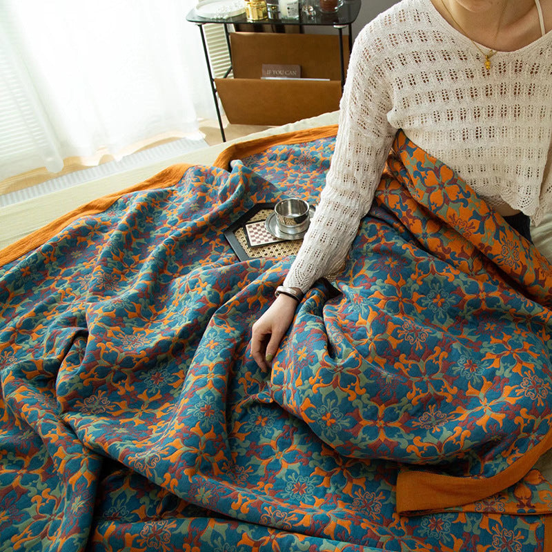 Manta de Algodón de Seis Capas con Estampado Azul Naranja