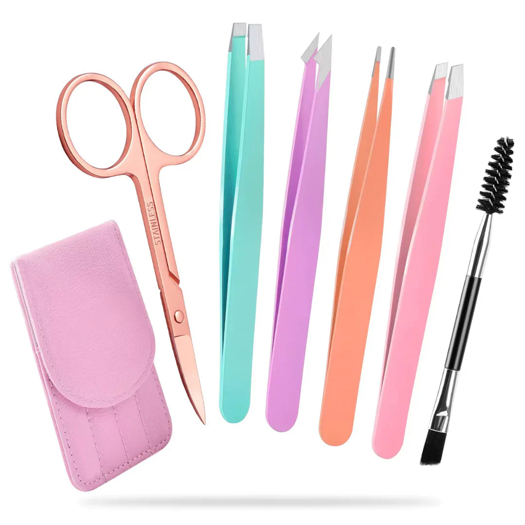 Juego de Pinzas de Precisión - Kit de Cejas de 6 Piezas con Estuche de Viaje