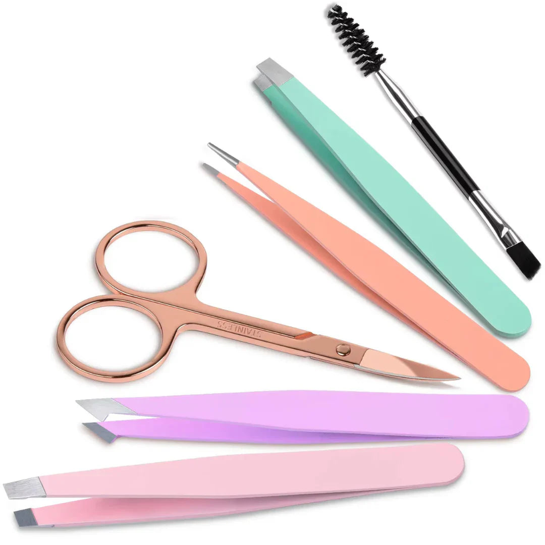 Juego de Pinzas de Precisión - Kit de Cejas de 6 Piezas con Estuche de Viaje