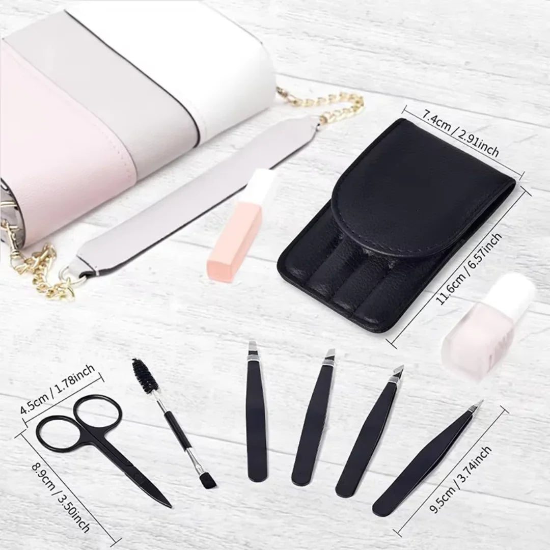 Juego de Pinzas de Precisión - Kit de Cejas de 6 Piezas con Estuche de Viaje
