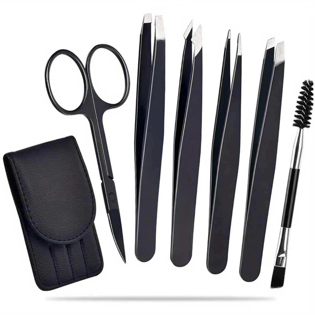 Juego de Pinzas de Precisión - Kit de Cejas de 6 Piezas con Estuche de Viaje