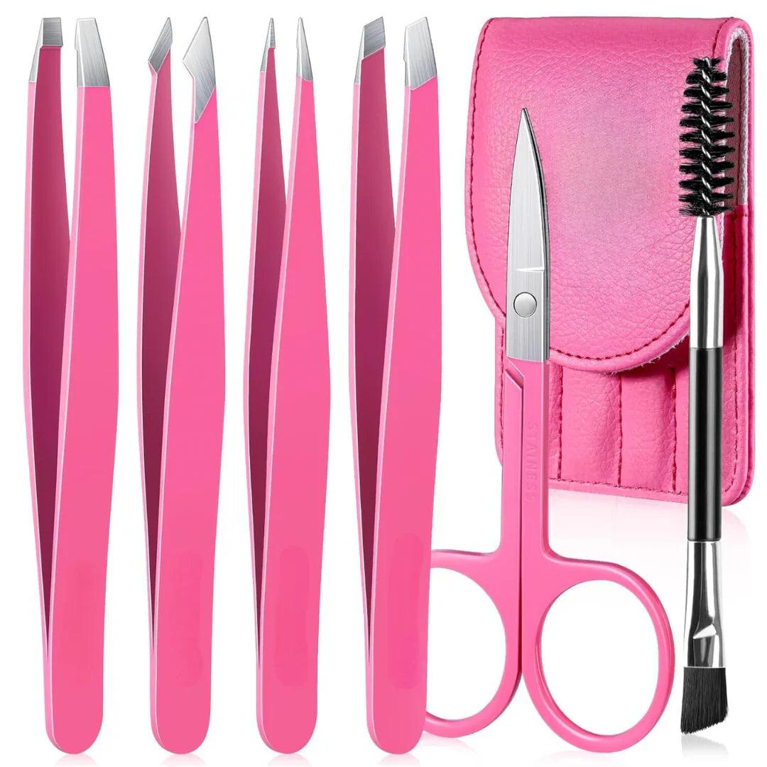 Juego de Pinzas de Precisión - Kit de Cejas de 6 Piezas con Estuche de Viaje