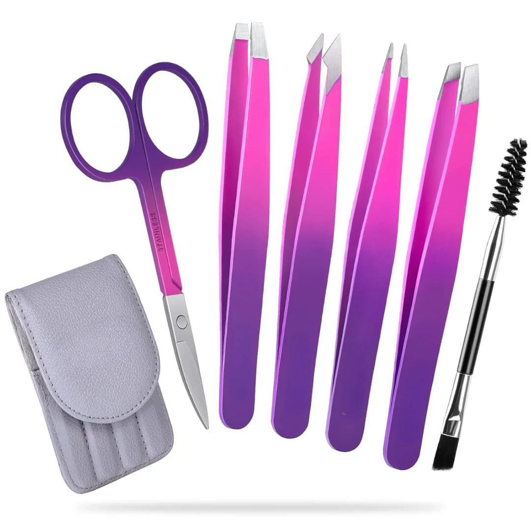Juego de Pinzas de Precisión - Kit de Cejas de 6 Piezas con Estuche de Viaje