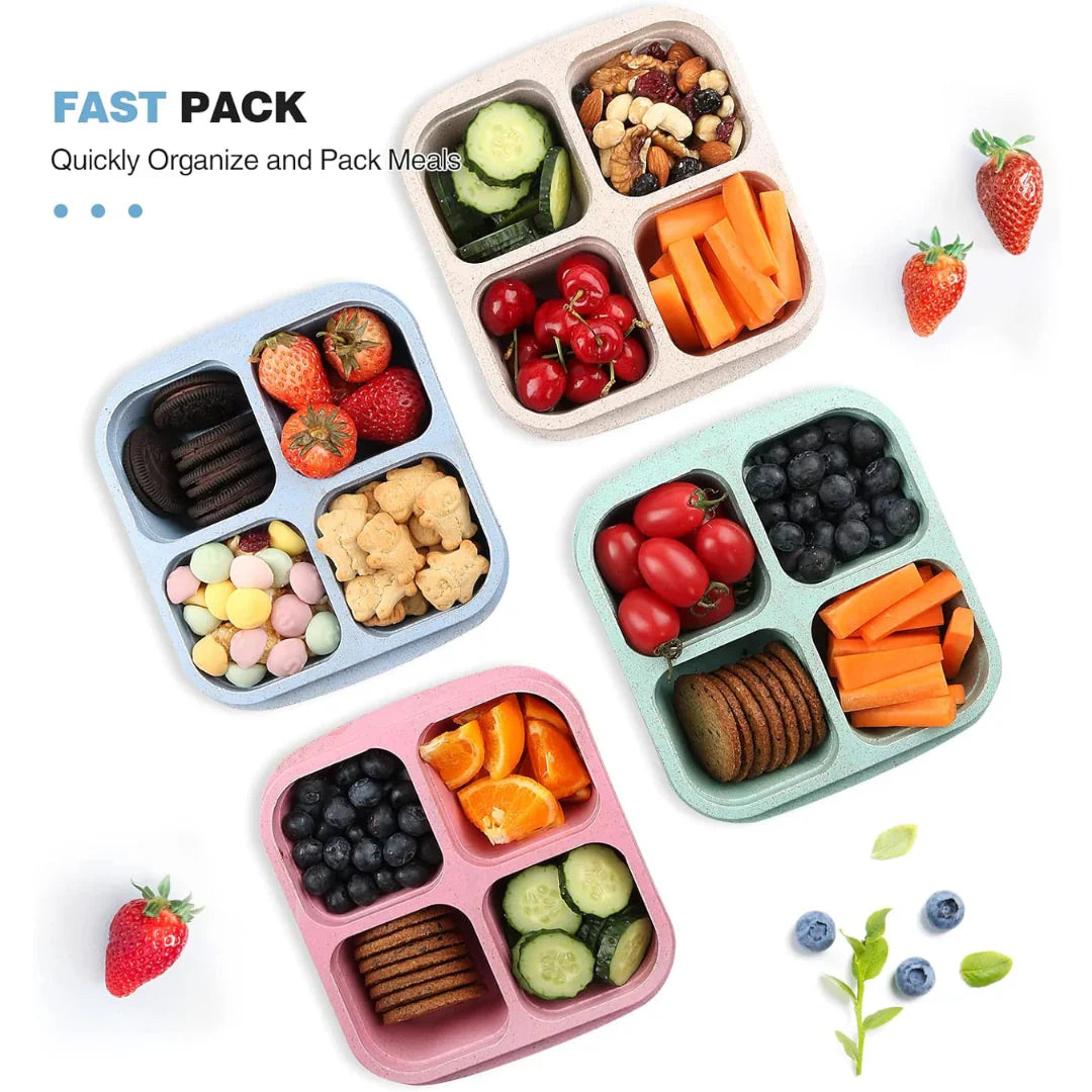 Cajas De 4 Compartimentos Para Comida Preparada De Estilo Bento En Un Pack De 4 - Sostenibles Y Prácticas