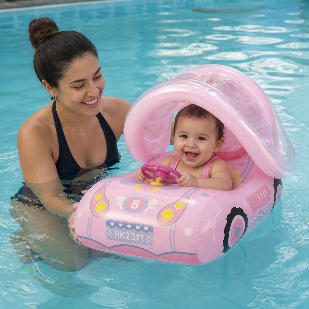 Flotador inflable para bebé en forma de coche con toldo solar