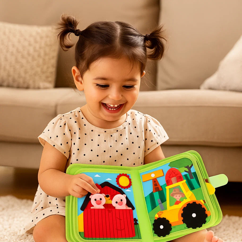 Libro educativo de cuentos de granja para niños pequeños | Libro de actividades de fieltro suave para el aprendizaje de animales y habilidades motoras finas
