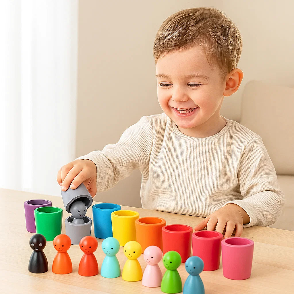 Juguete de madera de colores para niños | Juego de clasificación con muñecos de clavijas y tazas para la motricidad fina y el aprendizaje visual