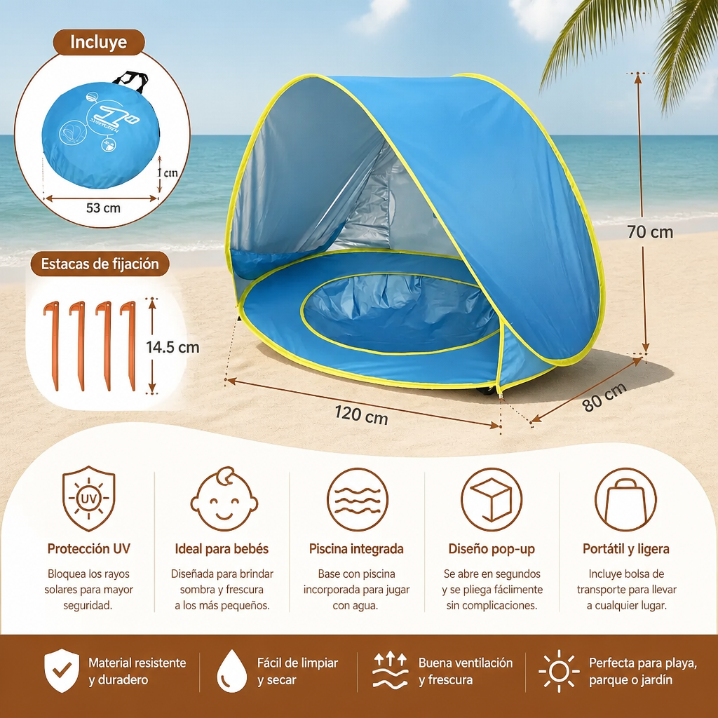 Pop-Up Baby Beach Tent con Piscina Integrada y Protección UV – Sombrilla Portátil para Niños