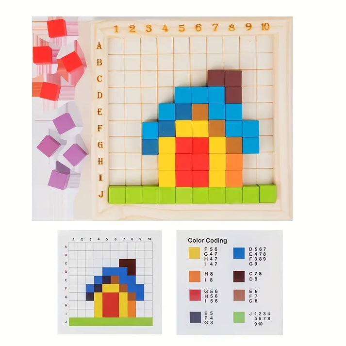 Juego de rompecabezas de píxeles de madera para niños | Bloques de clasificación de colores con tablero de cuadrícula para la lógica y el patrón Matchin