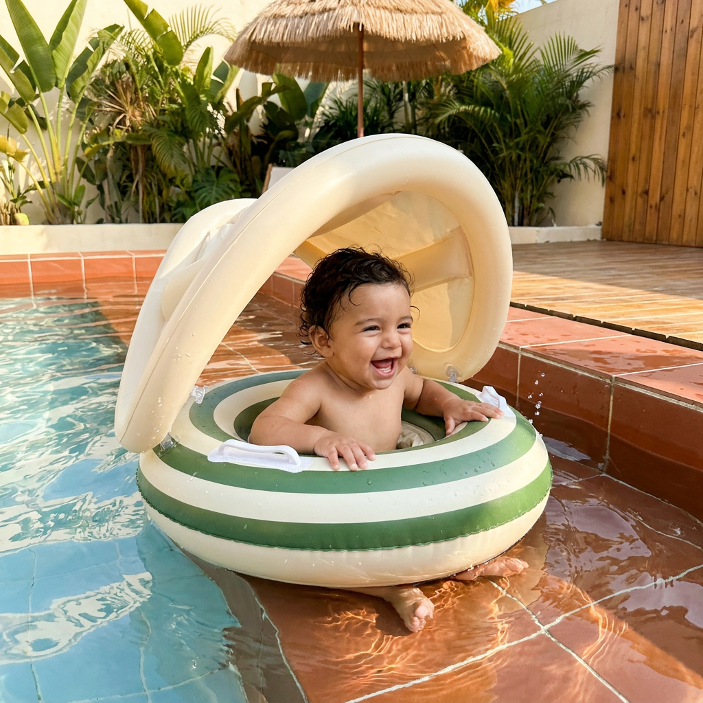 Anillo de natación para bebé con rayas retro inflable y capota solar desmontable – Asiento seguro para bebés de 6 a 36 meses