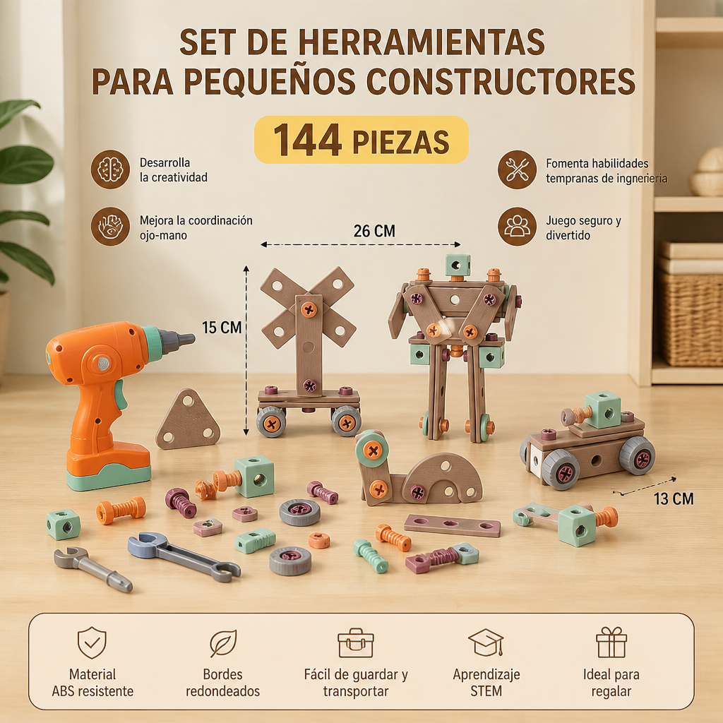 Set de Herramientas para Niños de 144 piezas con Taladro y caja de Herramientas – Kit de Construcción STEM Montessori