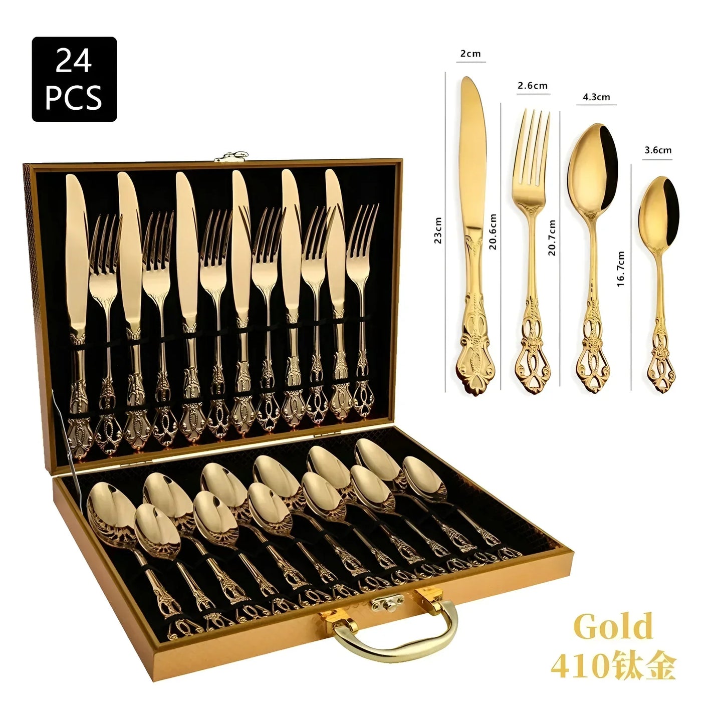 Lujoso Juego De Cubiertos De Oro De 24 Piezas Con Elegante Decoración