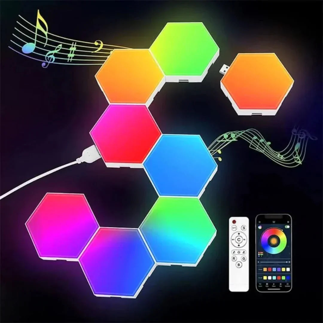 Paneles LED Hexagonales Interactivos Con Control De Color Rgb Y Sincronización Musical