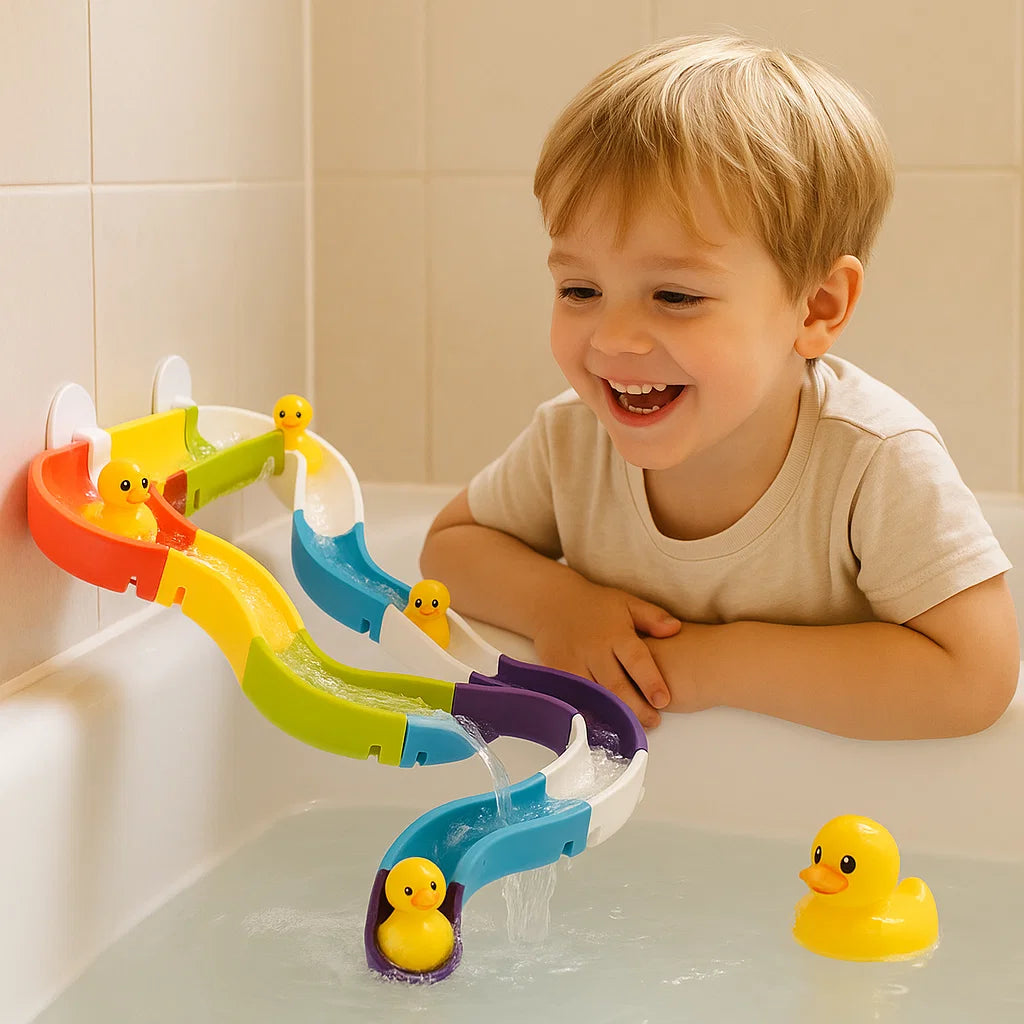 Juguete de baño con tobogán de agua para niños pequeños | Pista de bricolaje con ventosas y patitos rodantes para divertirse jugando en el baño para niños pequeños , el tobogán de agua es un juguete de baño muy divertido