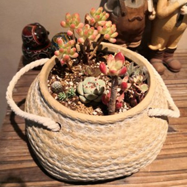 Maceta De Cerámica Para Plantas En Diseño De Bolsa De Cáñamo Con Asas De Cuerda - Maceta Decorativa Para Jardín Y Hogar