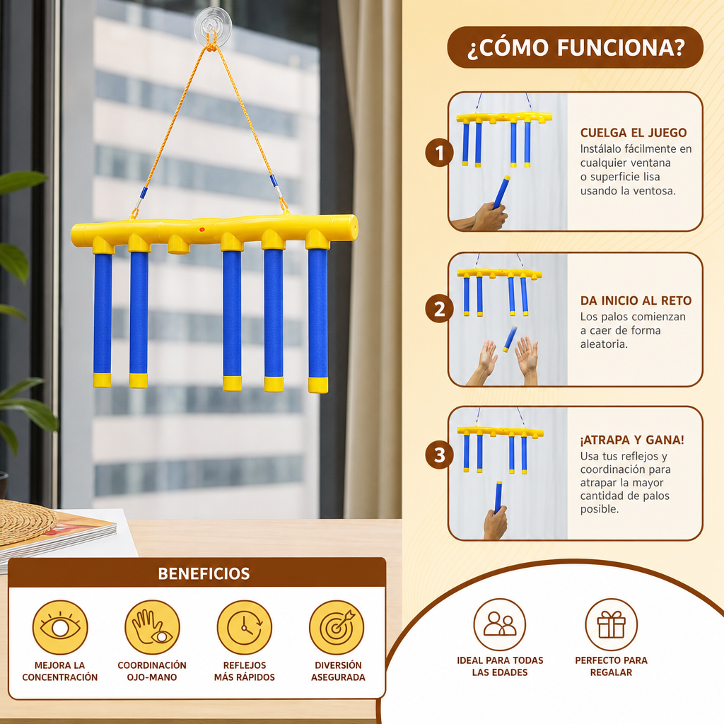 Juego de reflejos con palos que caen – Juguete de coordinación ojo-mano