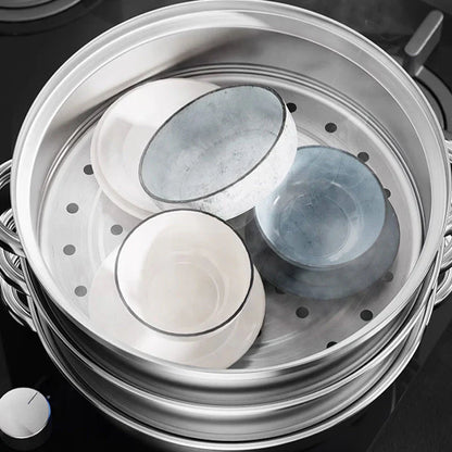 Cocedor Al Vapor De Acero Inoxidable De 3 Capas Con Tapa De Cristal Y Asas