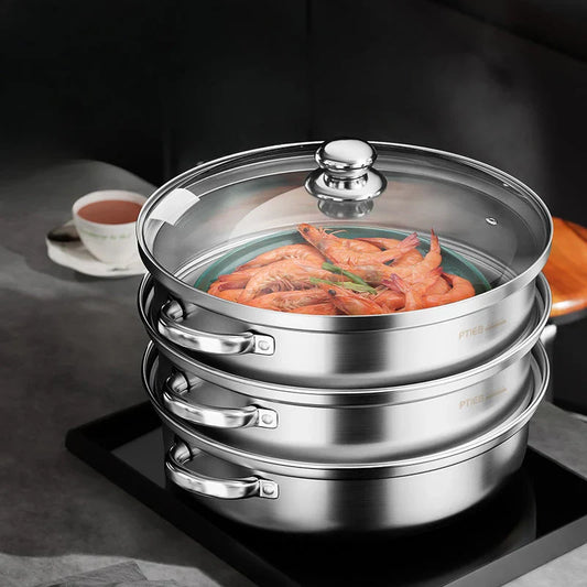 Cocedor Al Vapor De Acero Inoxidable De 3 Capas Con Tapa De Cristal Y Asas