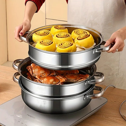 Cocedor Al Vapor De Acero Inoxidable De 3 Capas Con Tapa De Cristal Y Asas