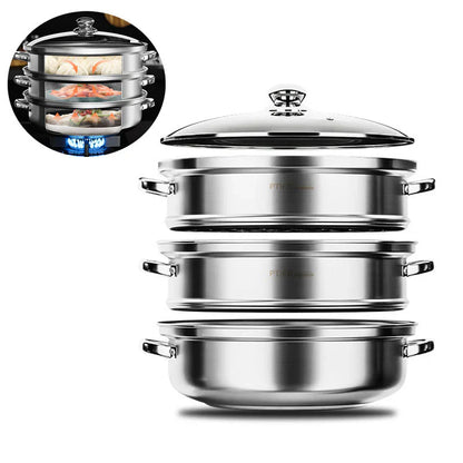 Cocedor Al Vapor De Acero Inoxidable De 3 Capas Con Tapa De Cristal Y Asas