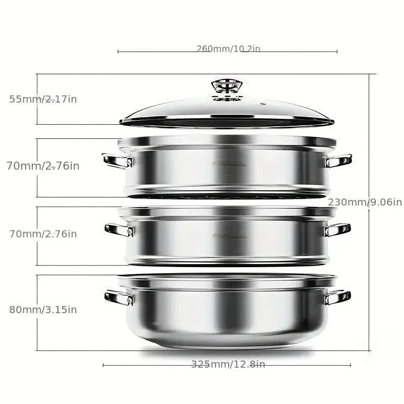 Cocedor Al Vapor De Acero Inoxidable De 3 Capas Con Tapa De Cristal Y Asas