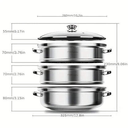 Cocedor Al Vapor De Acero Inoxidable De 3 Capas Con Tapa De Cristal Y Asas
