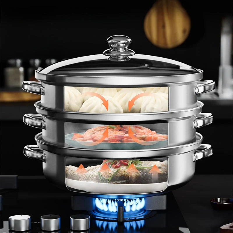 Cocedor Al Vapor De Acero Inoxidable De 3 Capas Con Tapa De Cristal Y Asas