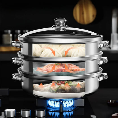 Cocedor Al Vapor De Acero Inoxidable De 3 Capas Con Tapa De Cristal Y Asas