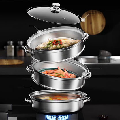 Cocedor Al Vapor De Acero Inoxidable De 3 Capas Con Tapa De Cristal Y Asas
