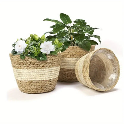 Cestas Decorativas Para Plantas Hechas De Hierba Marina En Un Set De 3 - Macetas Tejidas A Mano Con Inserción De Lámina
