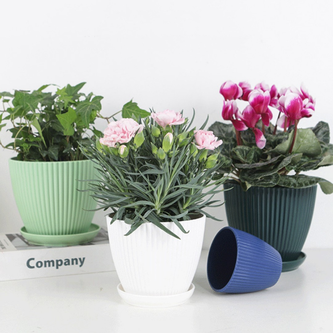 Maceta con Estructura Acanalada y Platillo - Maceta de Plástico Resistente para Plantas