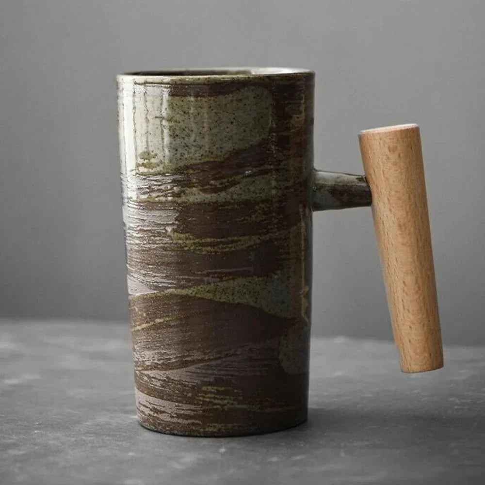 Taza De Diseño Nórdico - Taza De Cerámica Minimalista Con Asa De Madera