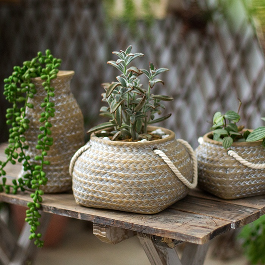 Maceta De Cerámica Para Plantas En Diseño De Bolsa De Cáñamo Con Asas De Cuerda - Maceta Decorativa Para Jardín Y Hogar