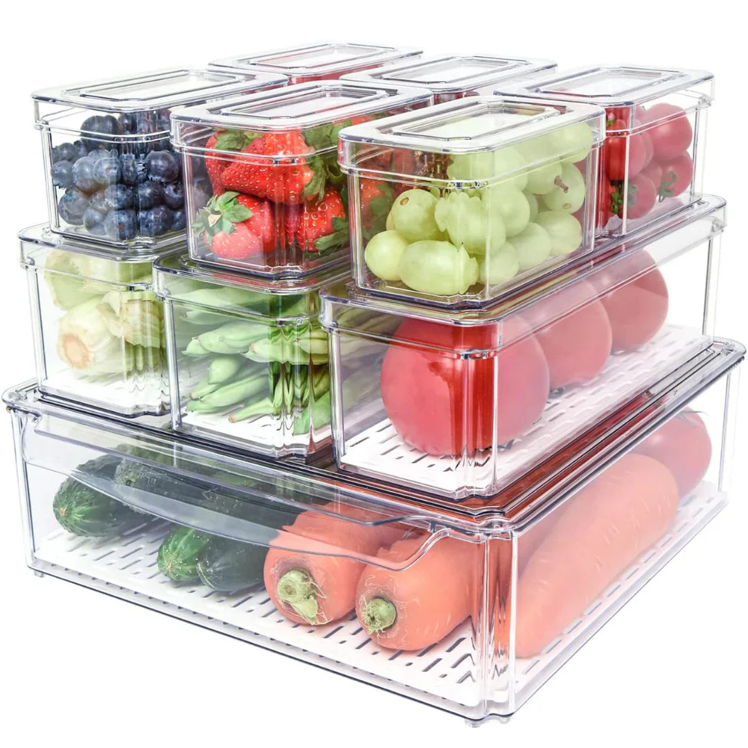 Set de Organizadores Apilables para Frigorífico con 10 Cajas de Almacenaje Cajas de Almacenaje